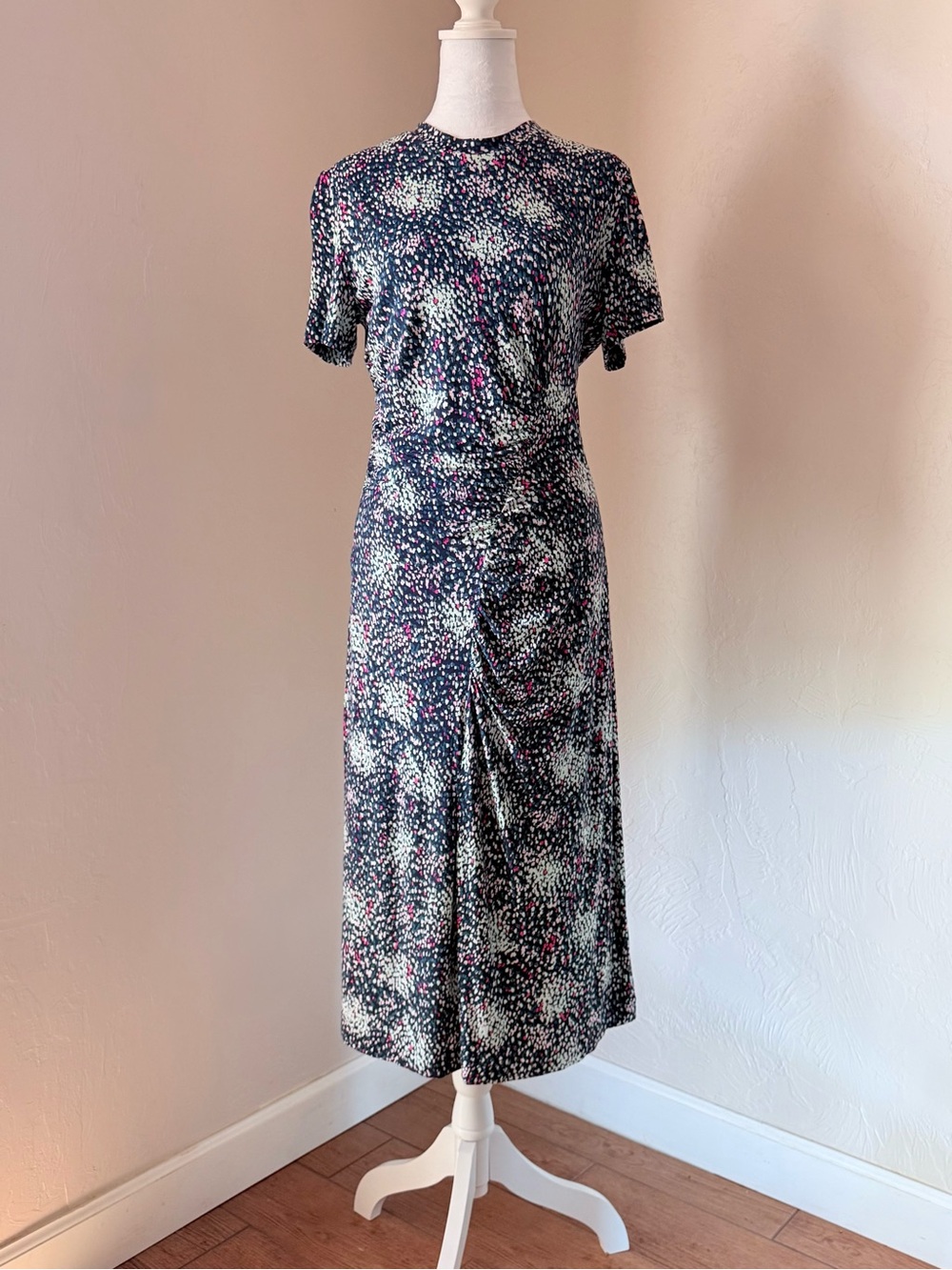 Hugo Boss Enice Confetti Print Ruched Viscose Stretch Jersey Midi Dress L $278